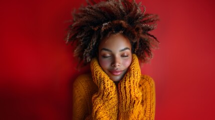 Cheerful Young Woman in Cozy Yellow Sweater Embracing Warmth with Eyes Closed