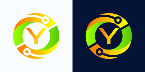 Letter Y technology logo with circles and circuit board lines with letter Y inside for digital, data, connection in green and orange gradient colors