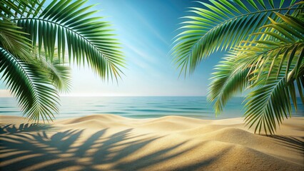 Obraz premium Summer beach scene with shadow of palm leaves in 3D render for mock up and display products.
