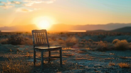 Single wooden chair with view at a sunset in a desert landscape