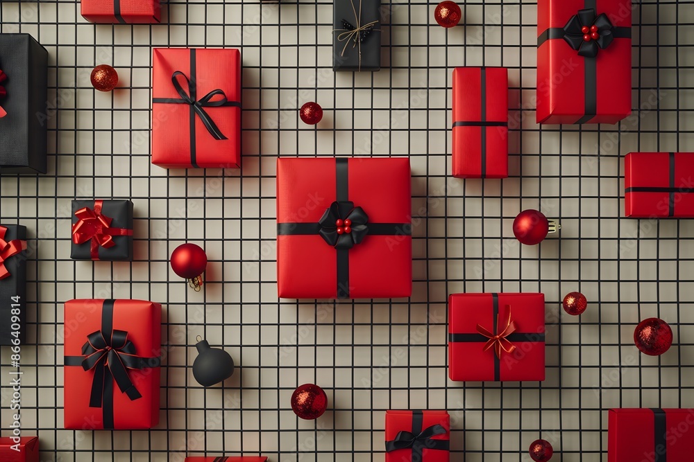 Poster assorted red and black gift boxes arranged neatly on a grid background, creating a festive and elega