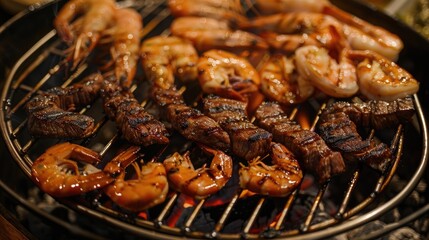 Fototapeta premium Korean style BBQ grill with shrimp pork and beef