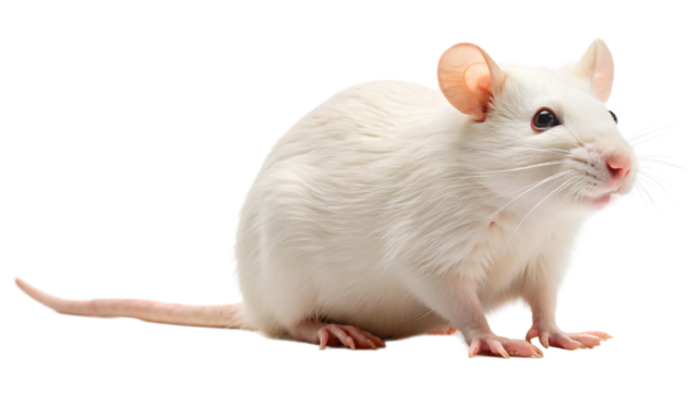 Small white pet rat with soft fur isolated on a white background