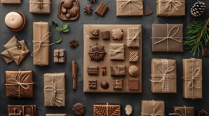 Beautifully wrapped brown gifts and chocolate bars arranged in a flat lay on a dark background, creating a cozy and festive holiday atmosphere.
