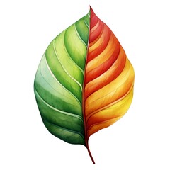 A watercolor illustration of a colorful croton leaf with green, yellow, and red hues.