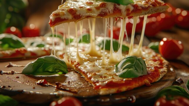  Slice of basil and buffala mozzarella pizza dripping with melting cheese lifting from pizza base