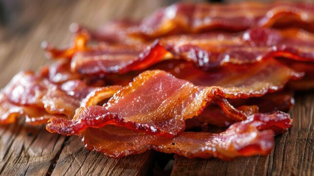 Slices of tasty fried bacon on wooden table, Hot fried bacon pieces, closeup