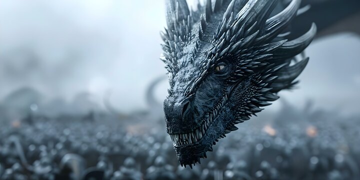 A cinematic photo captures a dragons demise in a medieval battlefield. Concept Fantasy, Cinematic, Dragons, Medieval, Battle