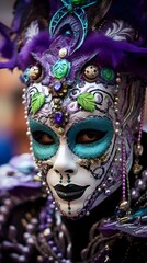 A person in costume, wearing mask with feathers or ribbons, standing on the street