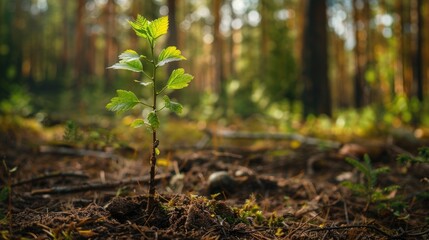 Small green tree seedling growing in forest.