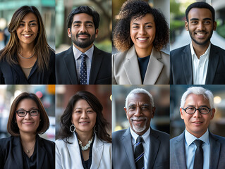 Diverse business team professional headshots multicultural corporate group smiling executives leadership portraits office background confident professionals inclusive workplace
