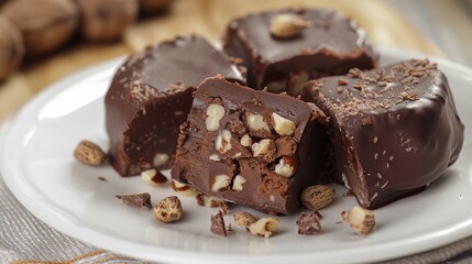 Rich Chocolate Nut Fudge Squares with Hazelnuts on a White Plate