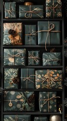 Beautifully wrapped gifts in green and gold paper with natural twine and pinecone decor, displayed on a dark background.