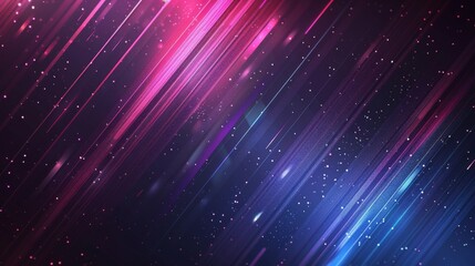 Abstract background with diagonal pink and blue light streaks and sparkles on dark background. Futuristic space, cosmic, or technology theme.