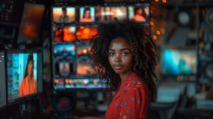 Young Female Video Editor Working in a Vibrant Film Studio