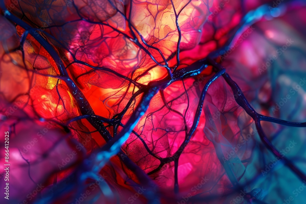 Poster vivid macro shot of interconnected lines resembling a glowing neural network