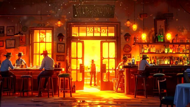 Western saloon with warm lighting and lively atmosphere, ideal for animation loop background