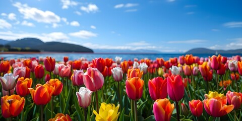 Tulip field by a lake colorful flowers blue sky spring landscape. Concept Spring Scenery, Tulip Field, Lake View, Colorful Flowers, Blue Sky