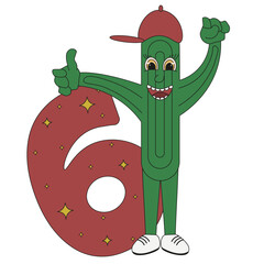 Groovy style template of six Birthday party invite number with Mexican cactus. Simple 6 and flat cacti isolated white background. Pastel colors vector illustration. Editable stroke.