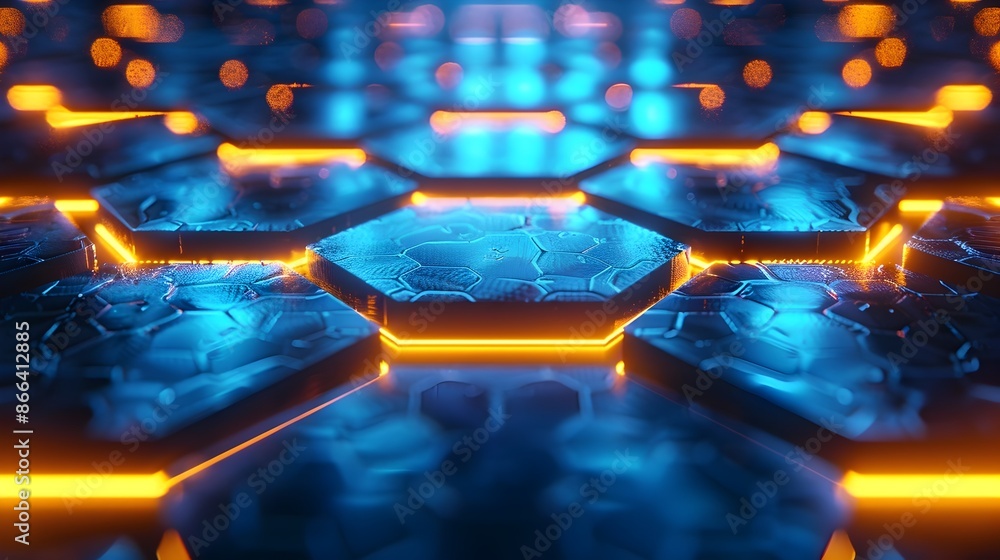 Poster vibrant neon hexagon backdrop for tech gadget presentation and product concept display
