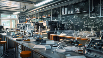 Naklejka premium A high-tech science lab with state-of-the-art equipment, lab tables neatly arranged, and a chalkboard filled with complex equations and diagrams.