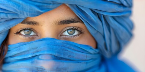 Fototapeta premium Enhancing the Background with Selective Focus on Tuareg Woman in Traditional Blue Dress. Concept Portrait Photography, Selective Focus, Traditional Attire, Tuareg Woman, Enhancing Background
