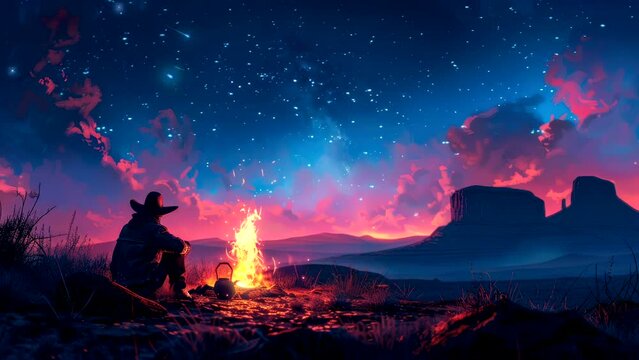Cowboy by campfire under a vibrant sunset sky, perfect for animation loop background