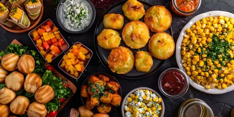 Fototapeta premium Traditional Brazilian June Party Foods Corn Cake, Pe de Moleque, Pacoca, Sweet Potatoes. Concept Brazilian Desserts, Festive Treats, Traditional Sweets, June Party Delicacies