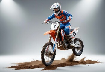 motocross, captured against a clean white background, glossy ground, dim spot lights, ad shot,