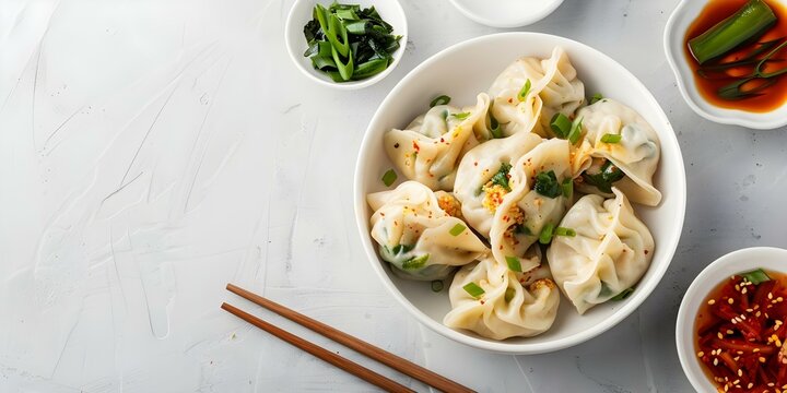 Mandu Traditional Korean Food Overhead Shot on White Background. Concept Food Photography, Korean Cuisine, Overhead Shot, White Background, Traditional Dish