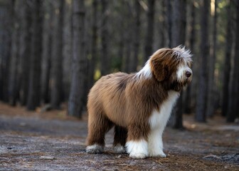 Fluffy brown and white dog standing in a forest with tall trees in the background