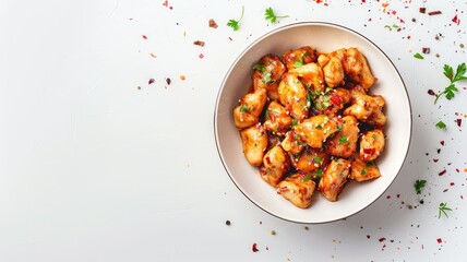Spicy, savory chicken bites garnished with herbs in bowl