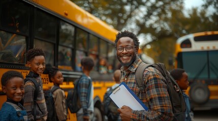 Smiling Male Teacher Holding Clipboard with Happy Students Boarding School Bus