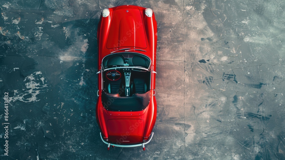 Poster Sports convertible car with soft top down. Convertible - top view, in aerial top down view.