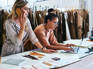 Fashion, teamwork and women with laptop for creative small business design mentorship. Drawing,...
