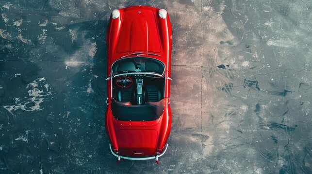 Sports convertible car with soft top down. Convertible - top view, in aerial top down view.