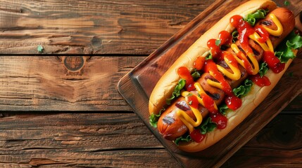 Closeup of a grilled hot dog topped with mustard, ketchup, and lettuce, on a rustic wooden background. A classic American comfort food.