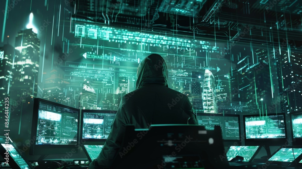 Poster hacker in a dark room with a cityscape background