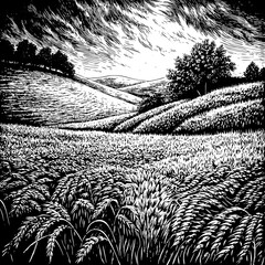Monochrome Countryside Landscape with Rolling Hills and Wheat Fields.