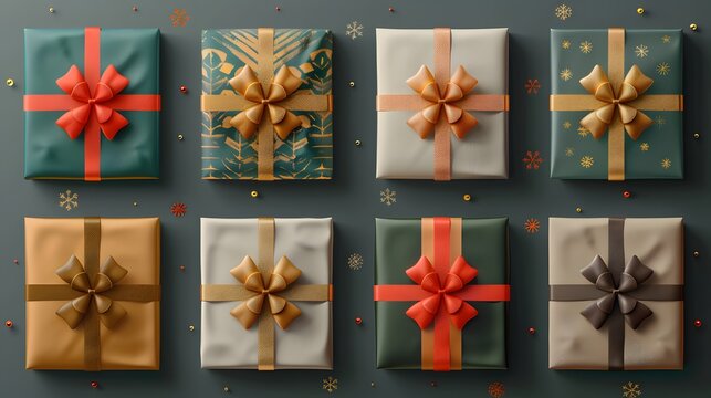 Colorful, beautifully wrapped Christmas presents with decorative bows displayed in a grid pattern, ideal for holiday-themed projects and promotions.