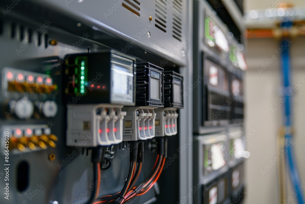 Poster closeup of an advanced electrical panel with wiring and led indicators inside a factory