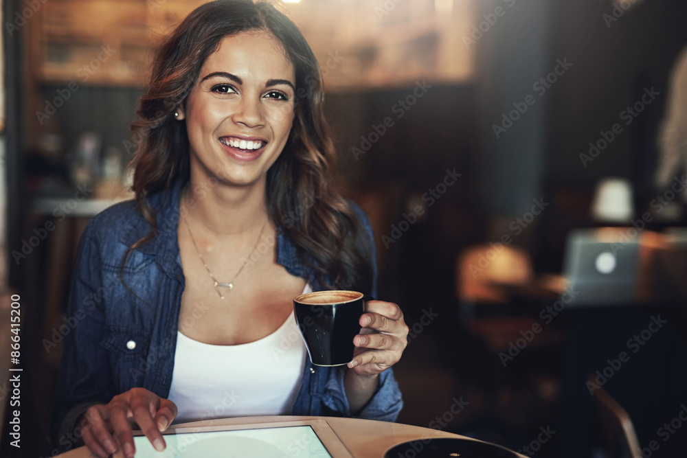 Poster Woman, portrait and happy with tablet in coffee shop, digital screen and smiling or browsing online for social media or news. Relax, connection and freelance blogger with tech, restaurant and break