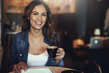 Woman, portrait and happy with tablet in coffee shop, digital screen and smiling or browsing online for social media or news. Relax, connection and freelance blogger with tech, restaurant and break