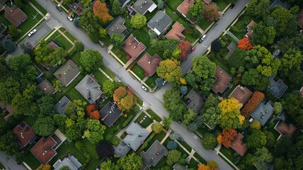Aerial View of Suburban Neighborhood with Fall Foliage and Winding Streets © Tanakorn
