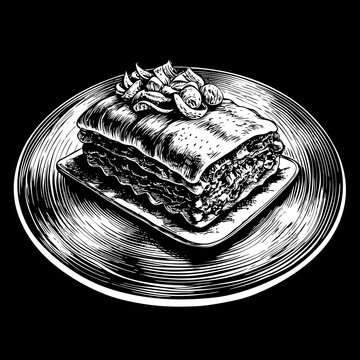 recommend clip art: Black and White Illustration of Lasagna on a Plate with Mushrooms.