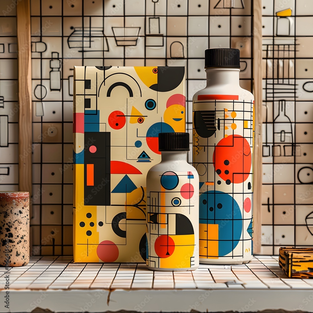 Poster colorful geometric bottle design on modern grid background with abstract shapes and vibrant patterns