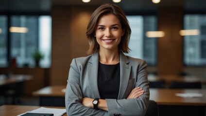 Corporate, woman and arms crossed with portrait in office with happiness for career in law, advocacy and justice for people. Female advisor, confident