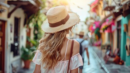 Blonde Woman in Straw Hat Walking through European City Street