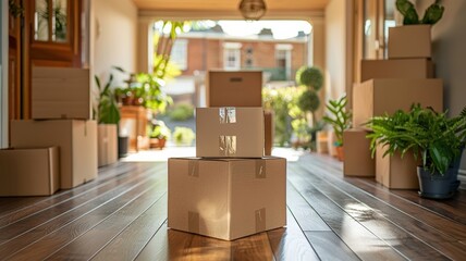 Cardboard Boxes Stacked On Wooden Floor In Sunlit Entryway