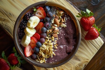 Overhead view of a nourishing acai bowl topped with mixed berries, banana, and granola